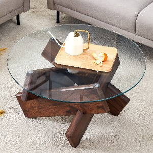 Lyngins Modern Circular Coffee Table with Transparent Tempered Glass Top, Round Tea Table with MDF Table Legs for Living Room - 1 of 4