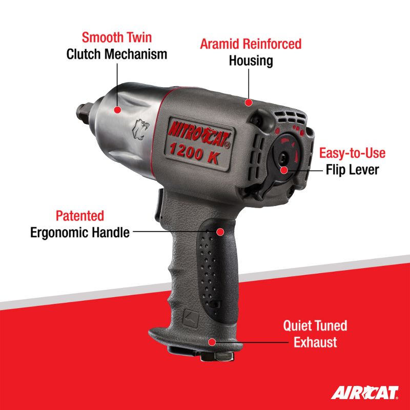 AIRCAT 1200-K 1/2-Inch Nitrocat Composite Twin Clutch Impact Wrench 1295 ft-lbs, 2 of 9