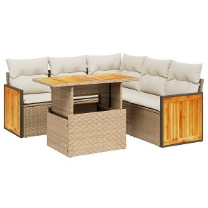 vidaXL 6 Piece Patio Sofa Set with Cushions Beige Poly Rattan - Beige and Cream - 1 of 4