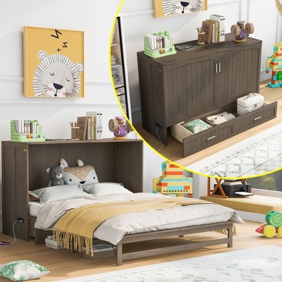 NicBex Queen Size Murphy Bed Wooden Queen Bed Frame Wall Bed with 2 Spacious Drawers and USB Charging for Apartment, Antique Gray
