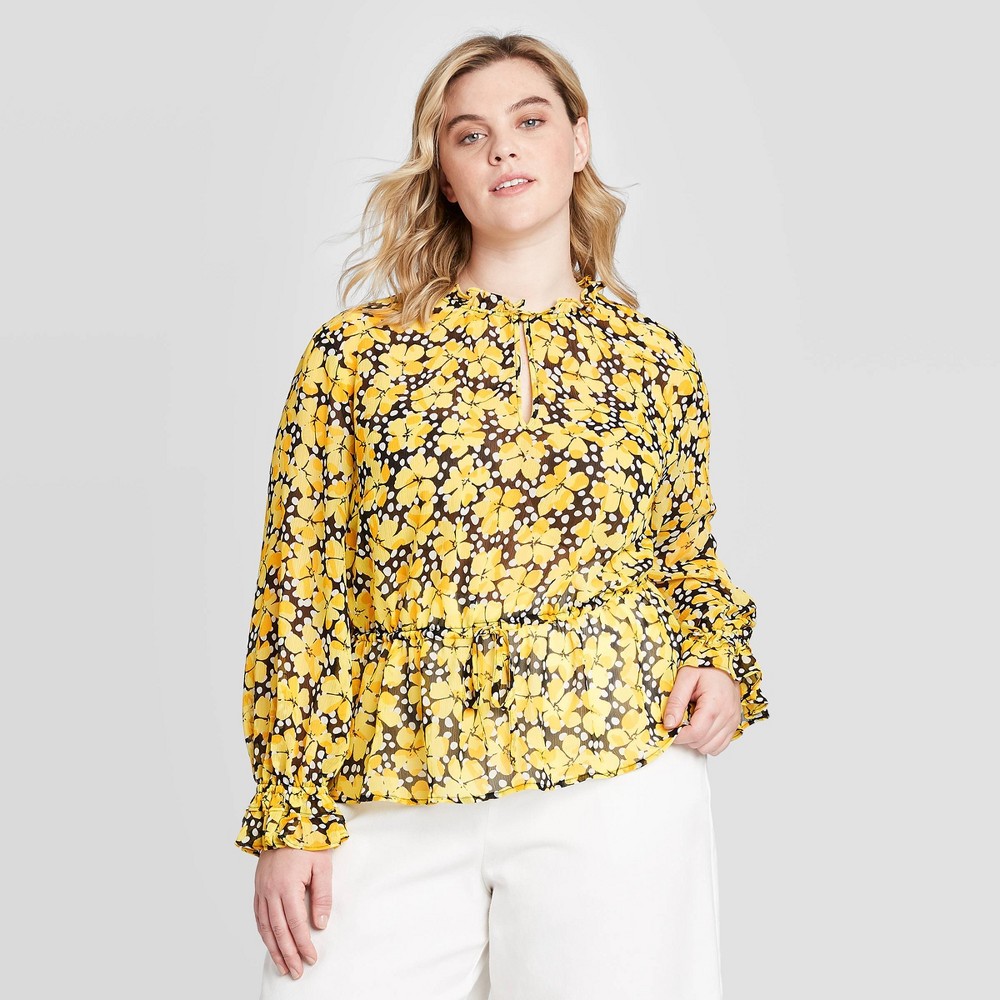 Women's Plus Size Floral Print Ruffle Long Sleeve Drawstring Blouse - Who What Wear Yellow 4X, Women's, Size: 4XL was $29.99 now $14.99 (50.0% off)