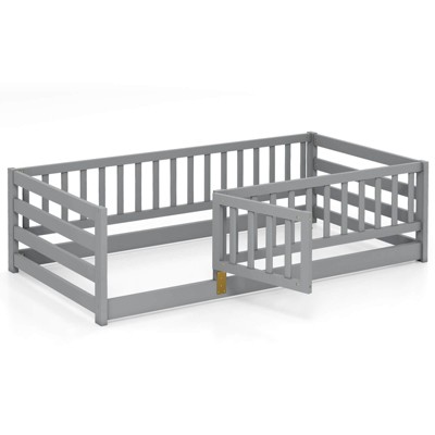 Safstar Twin Size Floor Bed w/High Fence & Door Safety Guardrails Wood Floor Bed Frame