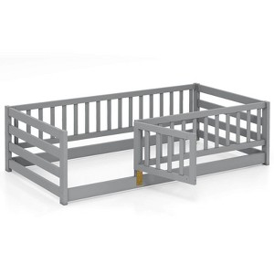 Safstar Twin Size Floor Bed w/High Fence & Door Safety Guardrails Wood Floor Bed Frame - 1 of 4