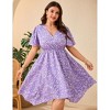 Women's V - Neck Floral Dress with Asymmetric Hem, Short - Sleeve Flowy Midi Dress for Casual & Summer Outings - 2 of 4