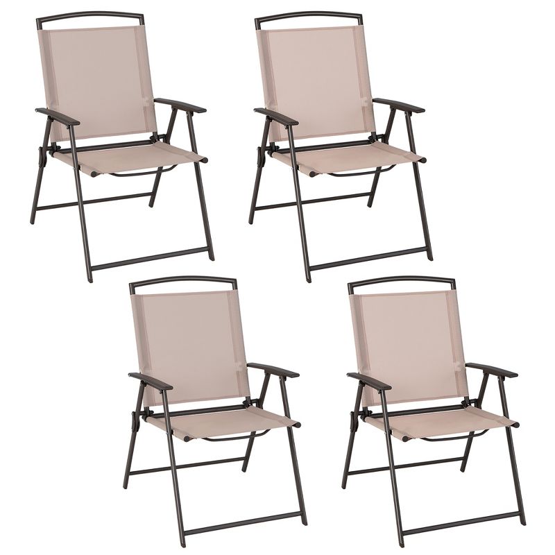Costway 4 pcs Patio Folding Sling Dining Chairs Armrests Steel Frame Outdoor Beige/Grey, 1 of 9