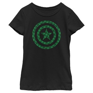 Girl's Marvel St. Patrick's Day Green Plaid Captain America Shield T-Shirt - 1 of 4