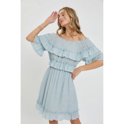 Slickblue Women's Off Shoulder Ruffle Dress, Short Sleeve, Elastic Waist, Boho Style, Color & Size Options