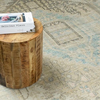 Light Blue and Cream Polyester Rectangular Washable Area Rug