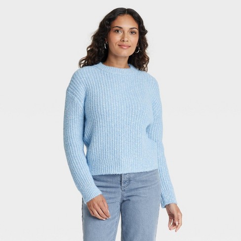 Blue crew neck sweater women's sale