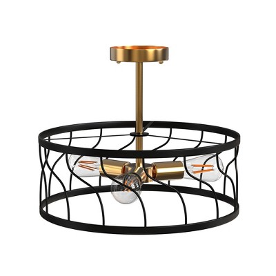 YANSUN 16.5 in. 3-Light Black and Gold Metal Semi-Flush Mount with Drum Shape