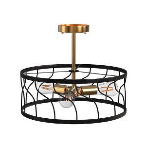 YANSUN 16.5 in. 3-Light Black and Gold Metal Semi-Flush Mount with Drum Shape - 1 of 4