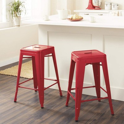 Set of 4 Red 24" Metal Stackable Counter Height Bar Stools