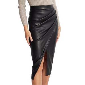 Coolmee Women's Faux Leather High Waist Wrap Knit Bodycon Midi Skirt for Business Casual Pencil Skirt - 1 of 4