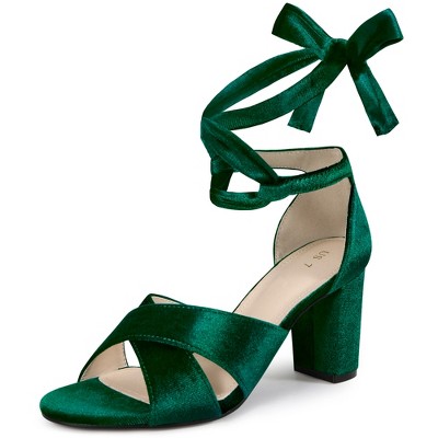BLISSFUL STEP Women's Cross Strap Chunky Heel Lace Up Heeled Sandals