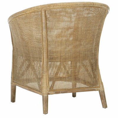 Transitional Whitewashed Rattan Armchair with Off-White Linen Cushion