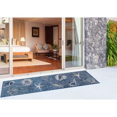 Navy and White Flat Woven Synthetic Coastal Runner Rug