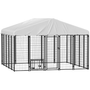 PawHut Outdoor Dog Kennel, Welded Wire Dog Run with 360° Rotating & 4 Levels Adjustable Bowls, Waterproof & UV Resistant Cover, 9.8' x 9.8' x 6.8' - 1 of 4