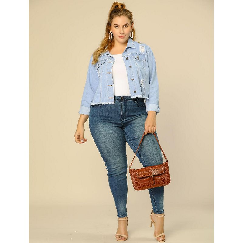 Agnes Orinda Women's Plus Size Washed Ripped Distressed Cropped Frayed Denim Jacket, 4 of 8