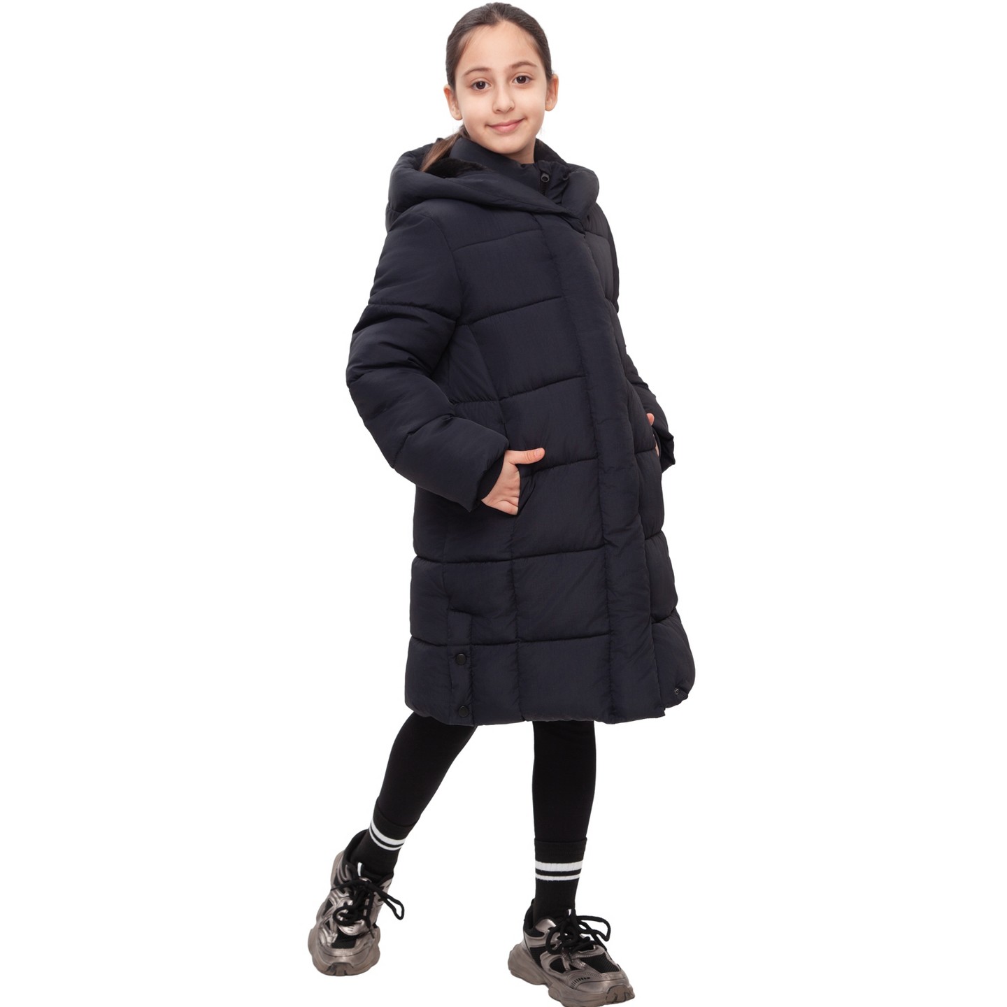 Куртка Rokka&Rolla Knee-Length Coat Long Puffer Jacket-black для девочек, цвет: Чёрный — фото 7