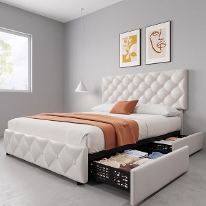 Full Upholstered Platform Bed Frame with 4 Storage Drawers, Adjustable ...