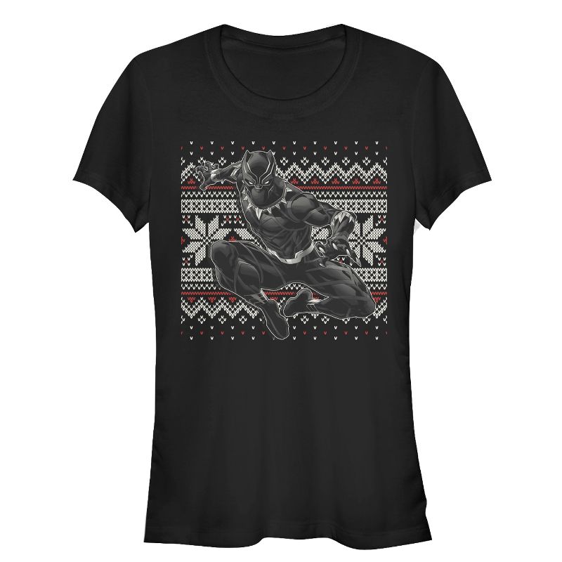 Juniors Womens Marvel Black Panther Knit Pattern Print T-Shirt, 1 of 4