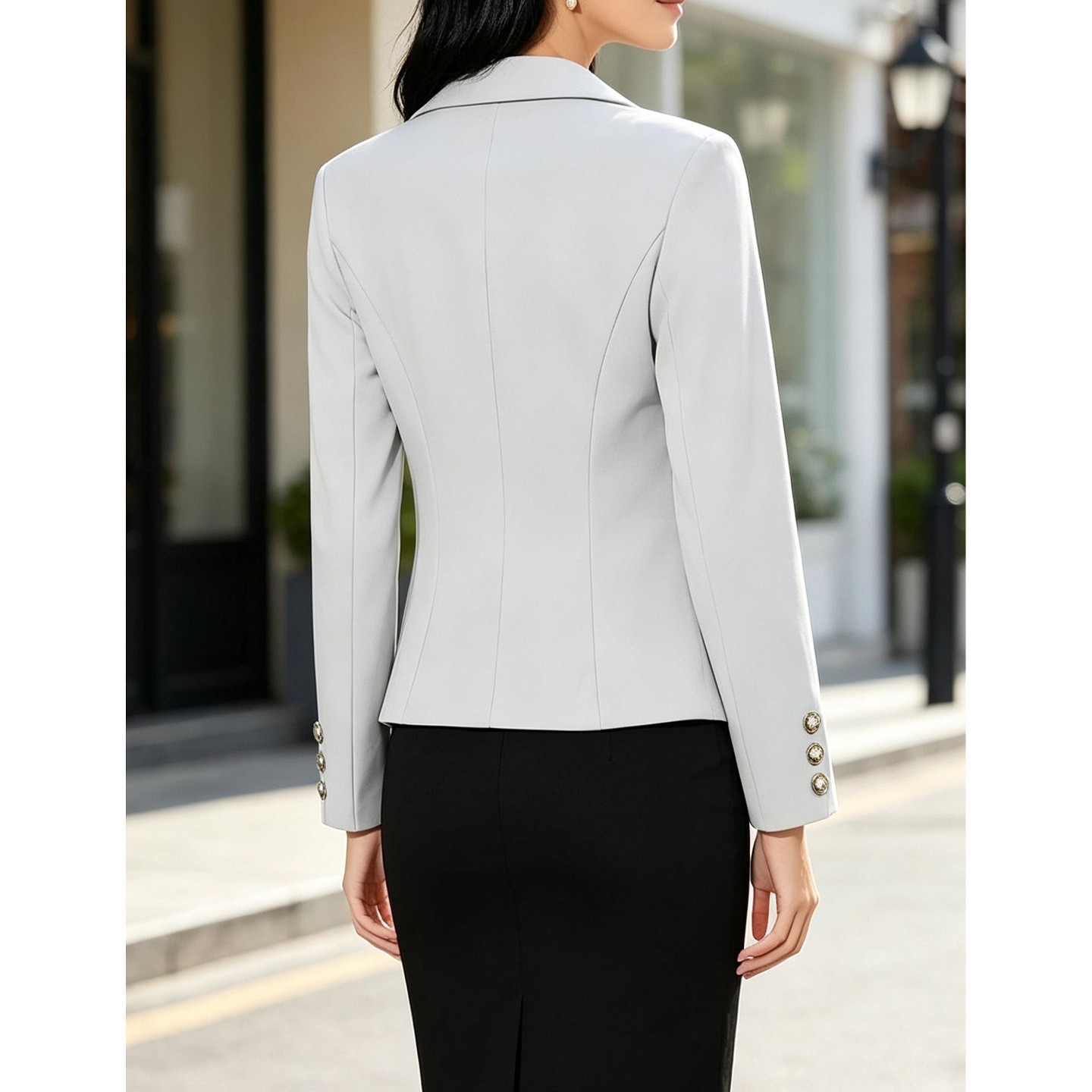 Женская куртка YesFashion Women Cropped Blazer Jacket Lapel Collar Long‑Sleeve Suit Coat Decorative Button Slim‑Fit Business Office Outerwear, S, White, цвет: Белый — фото 8