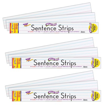 TREND Wipe-Off® Sentence Strips, 3" x 24", White, 30 Per Pack, 3 Packs