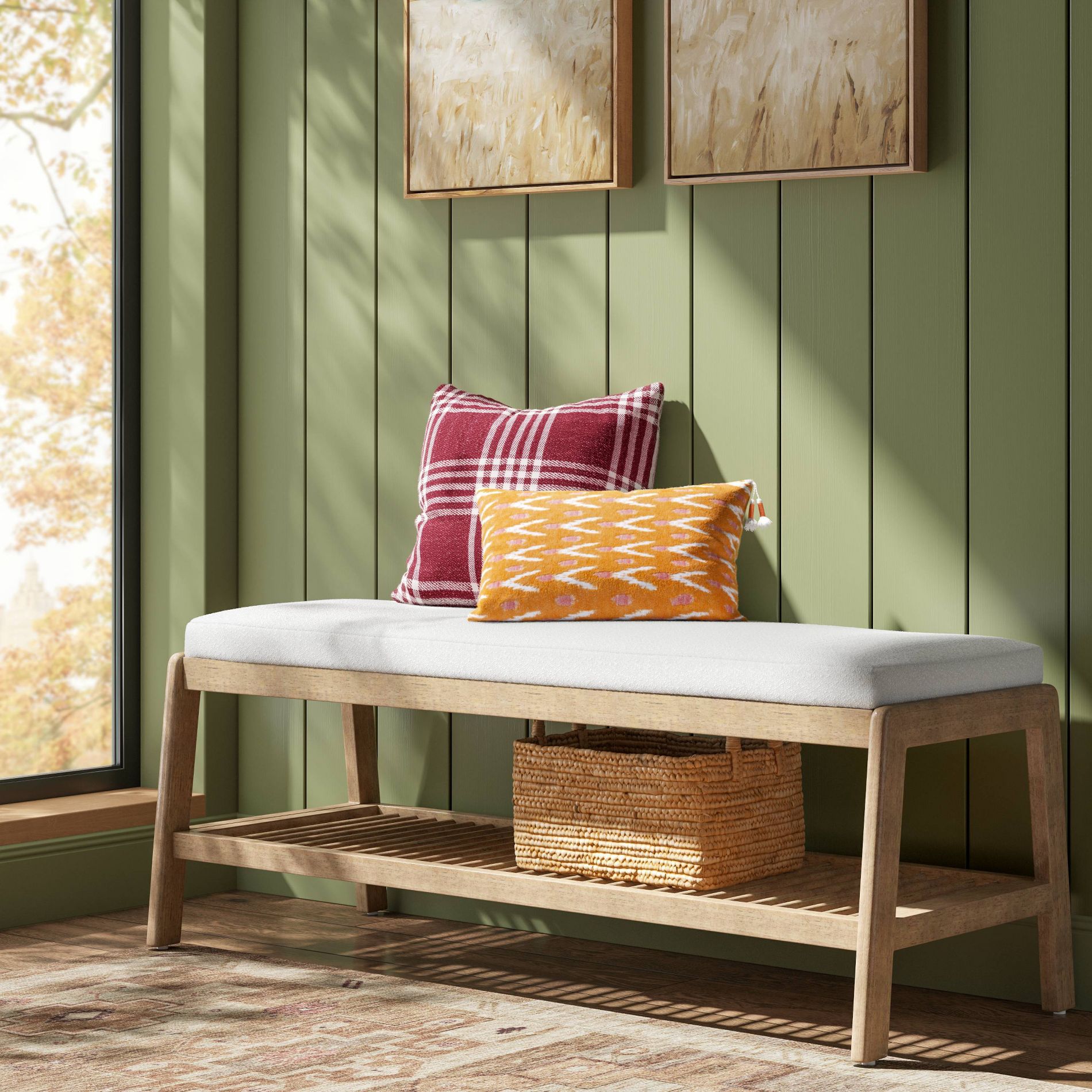 Upholstered Entry Bench with slatted Shelf Cream Boucle - Threshold™