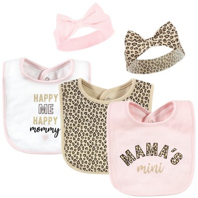 Hudson Baby Infant Girl Cotton Bib and Headband or Caps Set, Leopard Mamas Mini, One Size
