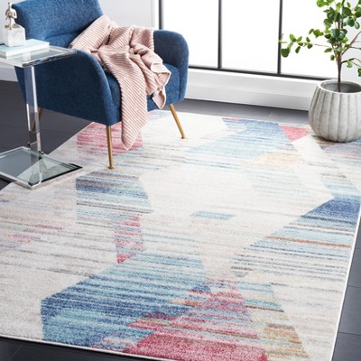 Ivory and Blue Geometric Medallion Synthetic Square Rug