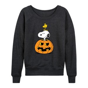 Women's - Peanuts - Snoopy Woodstock Pumpkin Lightweight French Terry Wide Neck Long Sleeve Shirt - 1 of 4