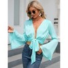 Women's Deep V-Neck Tied Blouse Ruffle Long Sleeve Top with Wrap Belt - 3 of 4