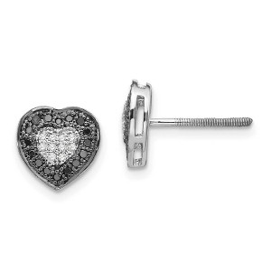 Black Bow Jewelry Black & White Diamond 8mm Heart Screw Back Earrings in Sterling Silver - 1 of 4