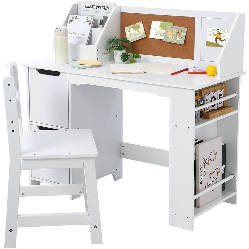 Kids Study Desk Wooden Learning Table Kids Study Table Study Table and Chair Set Storage Learning Desk with Drawer Study Tabl,White, 2 of 7
