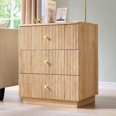 SinCiDo Fluted Nightstand with Charging Station, 21.65" Wide Modern Wood Bedside Table w/3 Storage Drawers for Bedroom, Living Room