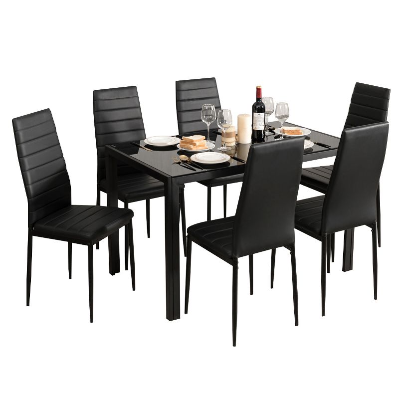 Costway 7 PCS Kitchen Dining Table Set Breakfast Furniture w/ Glass Top Padded Chair, 1 of 13