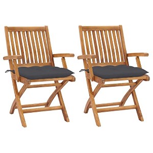 vidaXL Set of 2 Solid Teak Wood Patio Chairs with Thickly Padded Anthracite Cushions, Timeless Stylish Design - 1 of 4