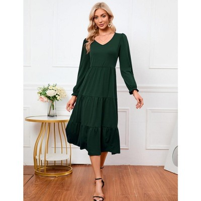 Boho Maxi Dress, Swing Shift Dress Women Tiered Midi High Waist V Neck Ruffle Puff Sleeve Casual Loose Flowy Swing