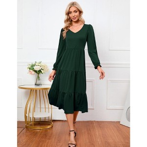 YESFASHION Boho Maxi Dress, Swing Shift Dress Women Tiered Midi High Waist V Neck Ruffle Puff Sleeve Casual Loose Flowy Swing - 1 of 4