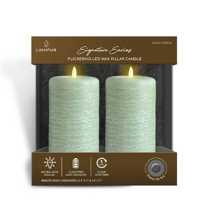 LumiPur 2pk 3.5"x7" Signature Natural Glow Flameless Wax Pillar LED Candle Sage Green - 1 of 4