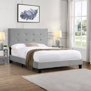 Full Size Bed Frame, Upholstered Platform Bed With Pull Point Tufted Headboard, Load Capacity 600 Pounds, No Box Spring Needed Gray - 1 of 4