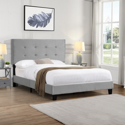 Full Size Bed Frame, Upholstered Platform Bed With Pull Point Tufted Headboard, Load Capacity 600 Pounds, No Box Spring Needed Gray - image 1 of 4