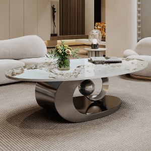 Modern Oval Coffee Table, White Faux Marble Top with Gray Openwork ...