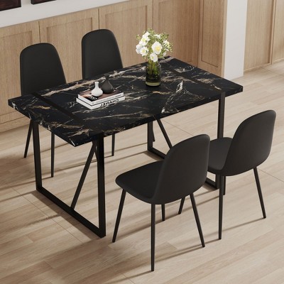 NicBex 5 PCS/7 PCS Black Marble Pattern MDF Dining Table Set with 4/6 Black PU Chairs for Dining Meeting Room,Black