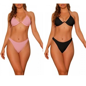 Elerevyo Women's Halter Underwire Ribbed Bikini Sets, 2 Piece Double Straps Tie Back Triangle Bottoms Swimwear Bathing Suits 2 Sets - 1 of 4