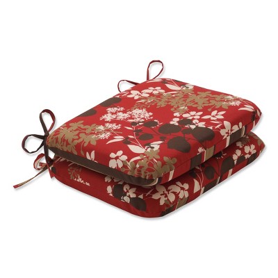 2-Piece Outdoor Reversible Seat Pad/Dining/Bistro Chair Cushion Set - Brown/Red Floral/Stripe - Pillow Perfect