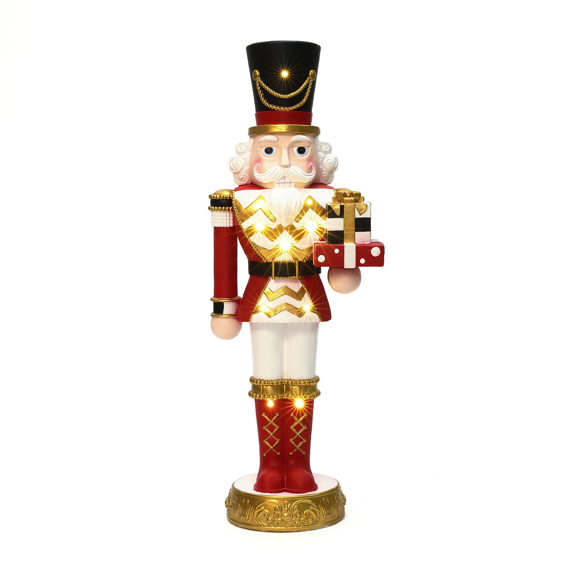 LuxenHome Lighted Red Nutcracker Soldier with Presents, Battery Operated Holiday Decoration
