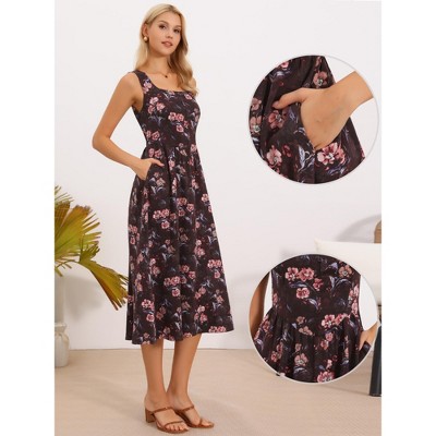 Женские платья INSPIRE CHIC Women's Summer Floral Midi Sleeveless Square Neck Flowy Sundress with Pockets Small Brown Red Floral — фото 2