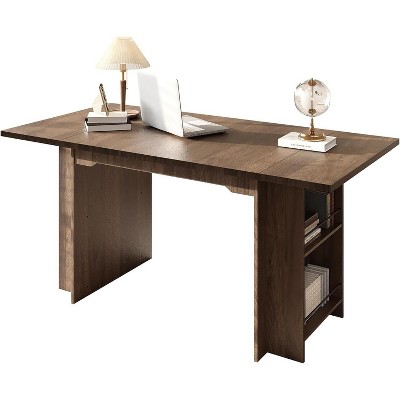 63" Farmhouse Dining Table, Wood Kitchen Table, 4 Storage Shelves, Rustic Wooden Rectangular Kitchen Table, Seats 4-6, for Dining Room
