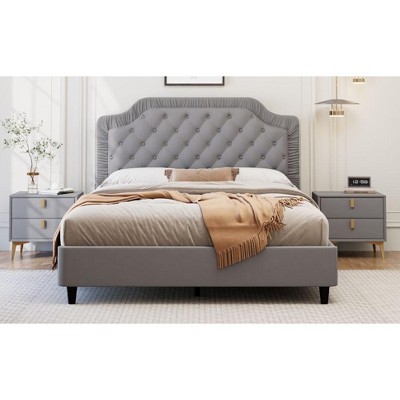 Okak Elegant Queen Velvet Platform Bed Frame with Upholstered, Ruched Button Tufted Headboard Wood Slats No Box Spring Needed Easy Assembly, Gray